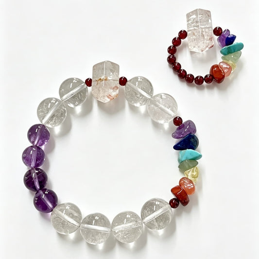 Quiet Radiance｜Natural Clear Quartz & Amethyst 7 Chakra Jewelry Set