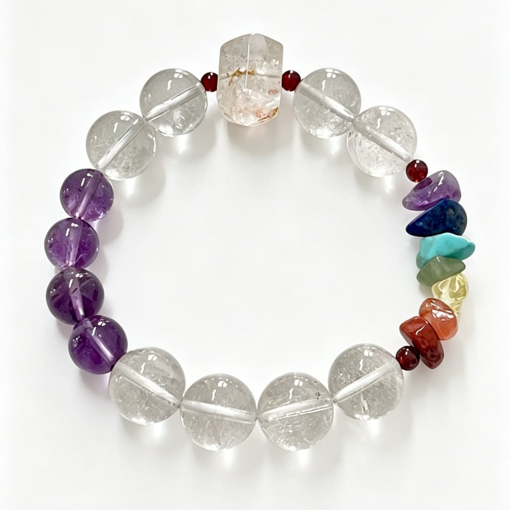 Quiet Radiance｜Natural Clear Quartz & Amethyst 7 Chakra Bracelet