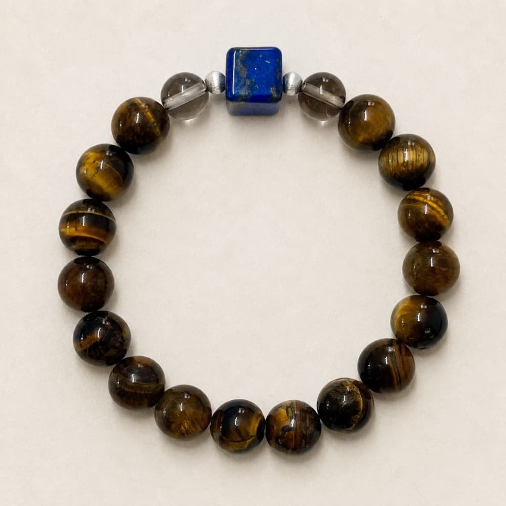 Quiet Resolve｜Natural Yellow Tiger’s Eye, Lapis Lazuli & Smoky Quartz Bracelet
