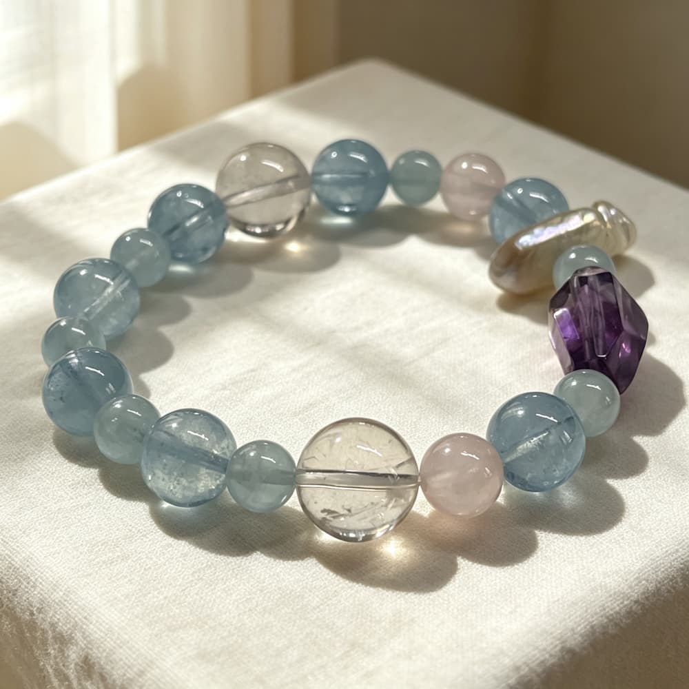 Quiet Tides｜Natural Aquamarine, Rose Quartz & Amethyst Bracelet