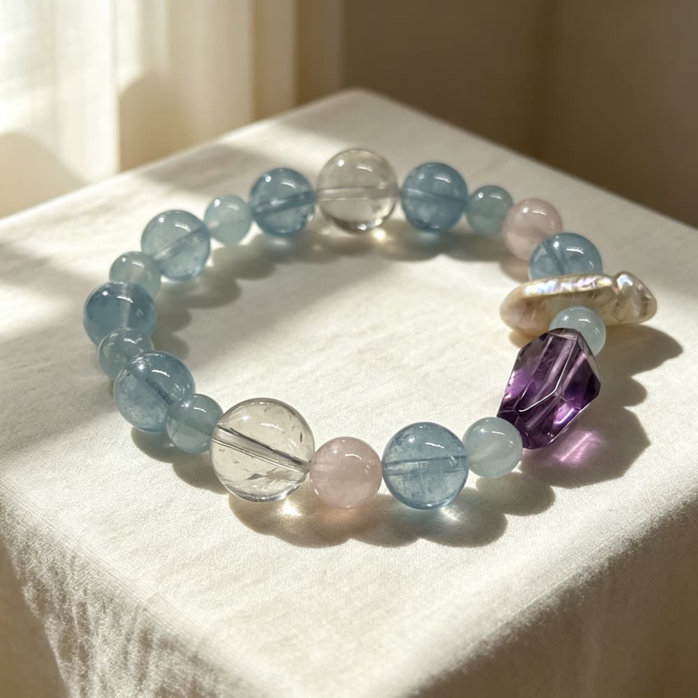 Quiet Tides｜Natural Aquamarine, Rose Quartz & Amethyst Bracelet
