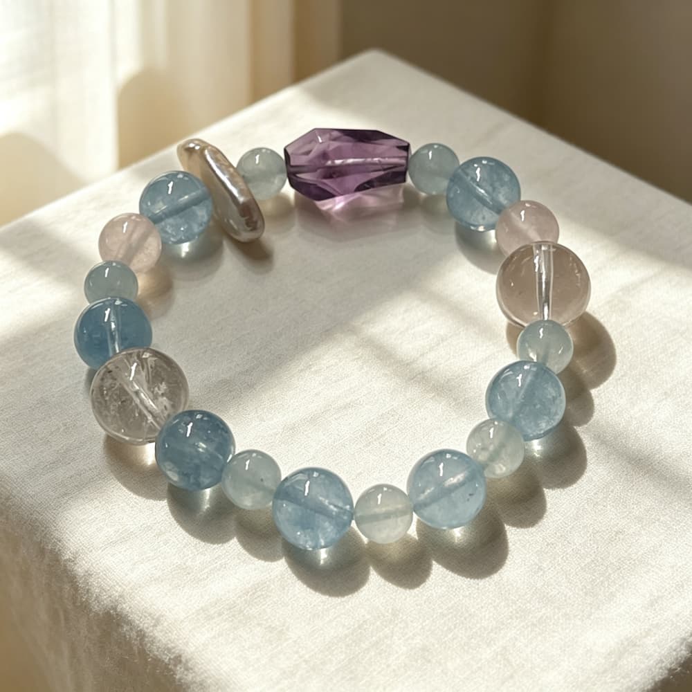 Quiet Tides｜Natural Aquamarine, Rose Quartz & Amethyst Bracelet