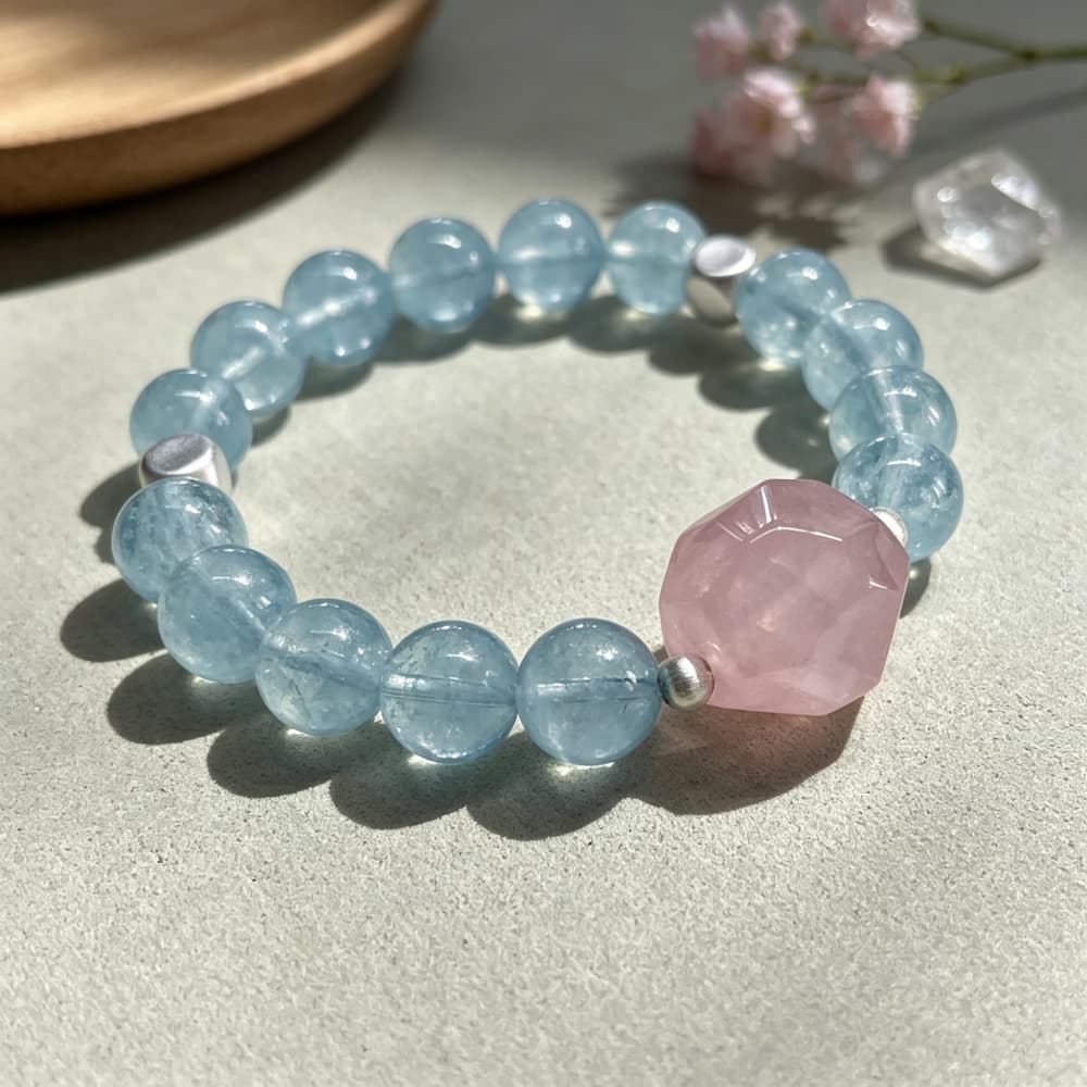 Soft Horizon｜Natural Aquamarine & Rose Quartz Bracelet