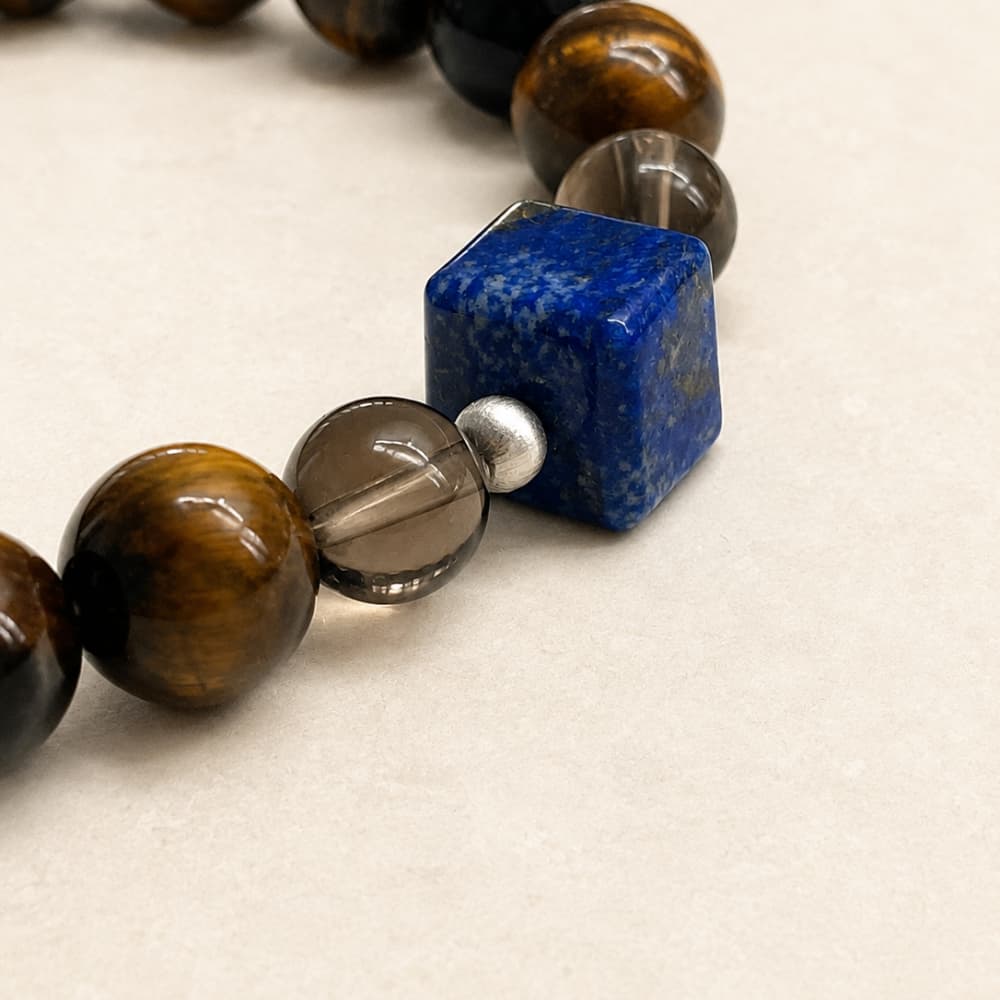 Quiet Resolve｜Natural Yellow Tiger’s Eye, Lapis Lazuli & Smoky Quartz Bracelet