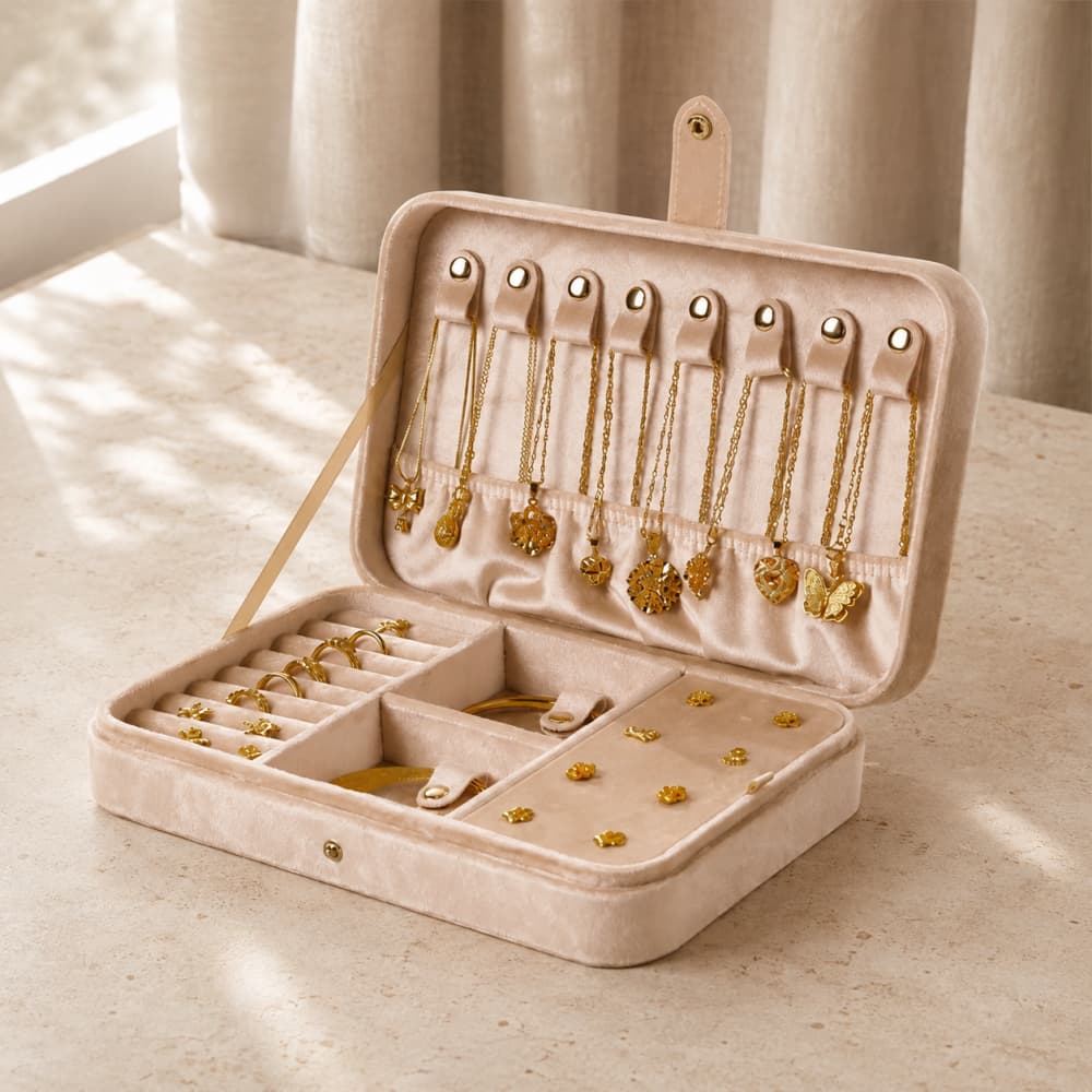 Quilted Velvet Jewelry Organizer Box｜Necklace, Ring & Earring Storage