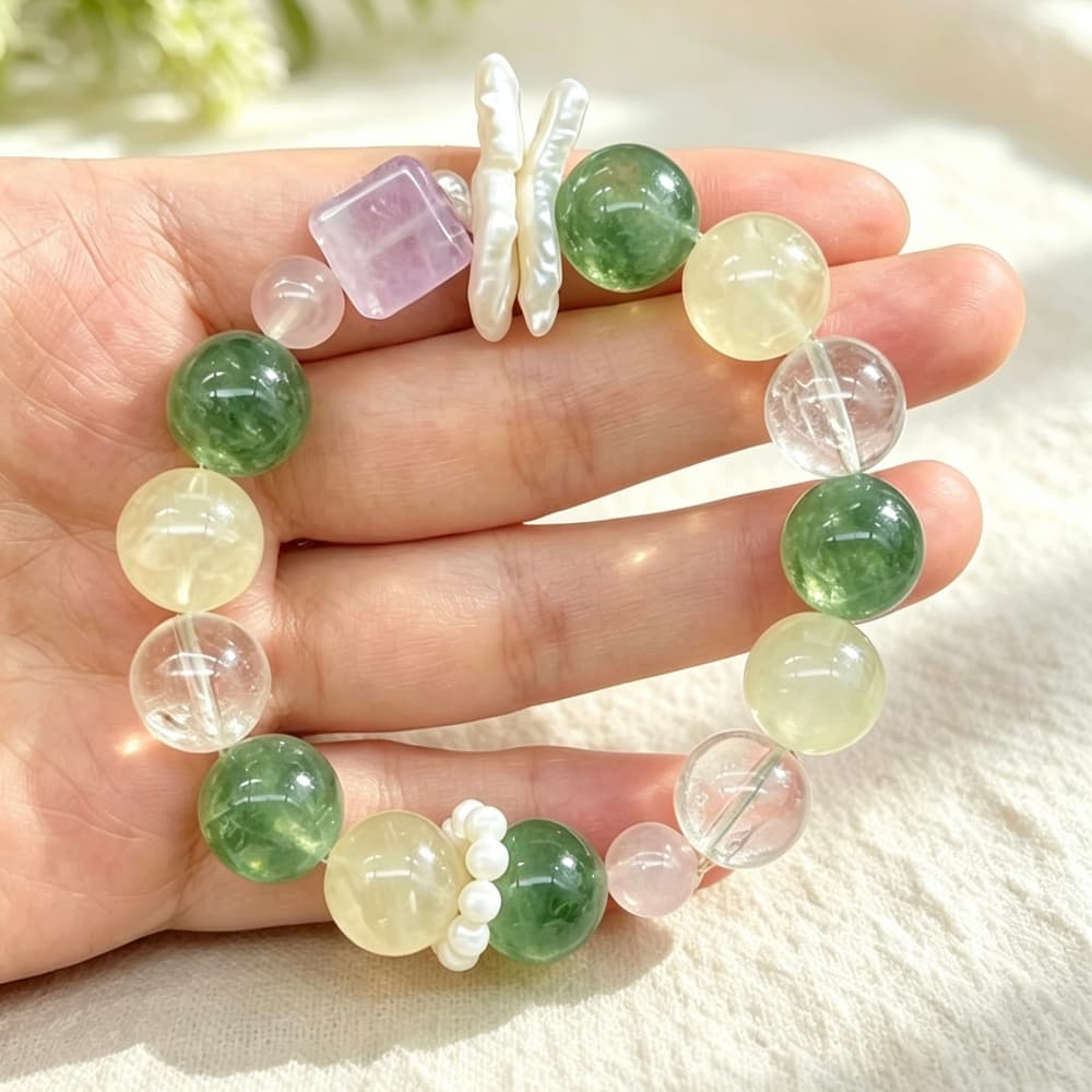 Verdant Bloom｜Natural Green Fluorite, Lemon Quartz & Pearl Bracelet