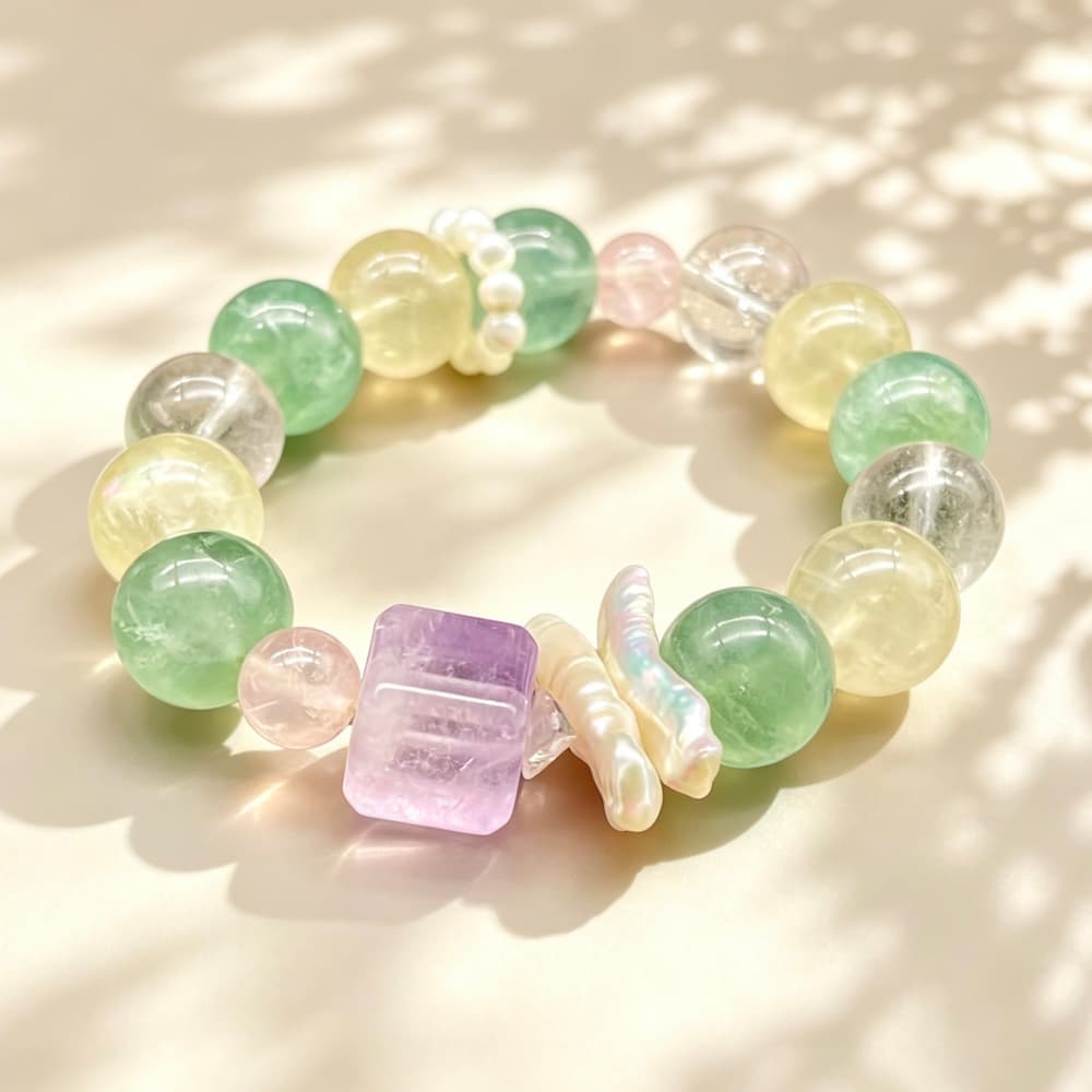 Verdant Bloom｜Natural Green Fluorite, Lemon Quartz & Pearl Bracelet