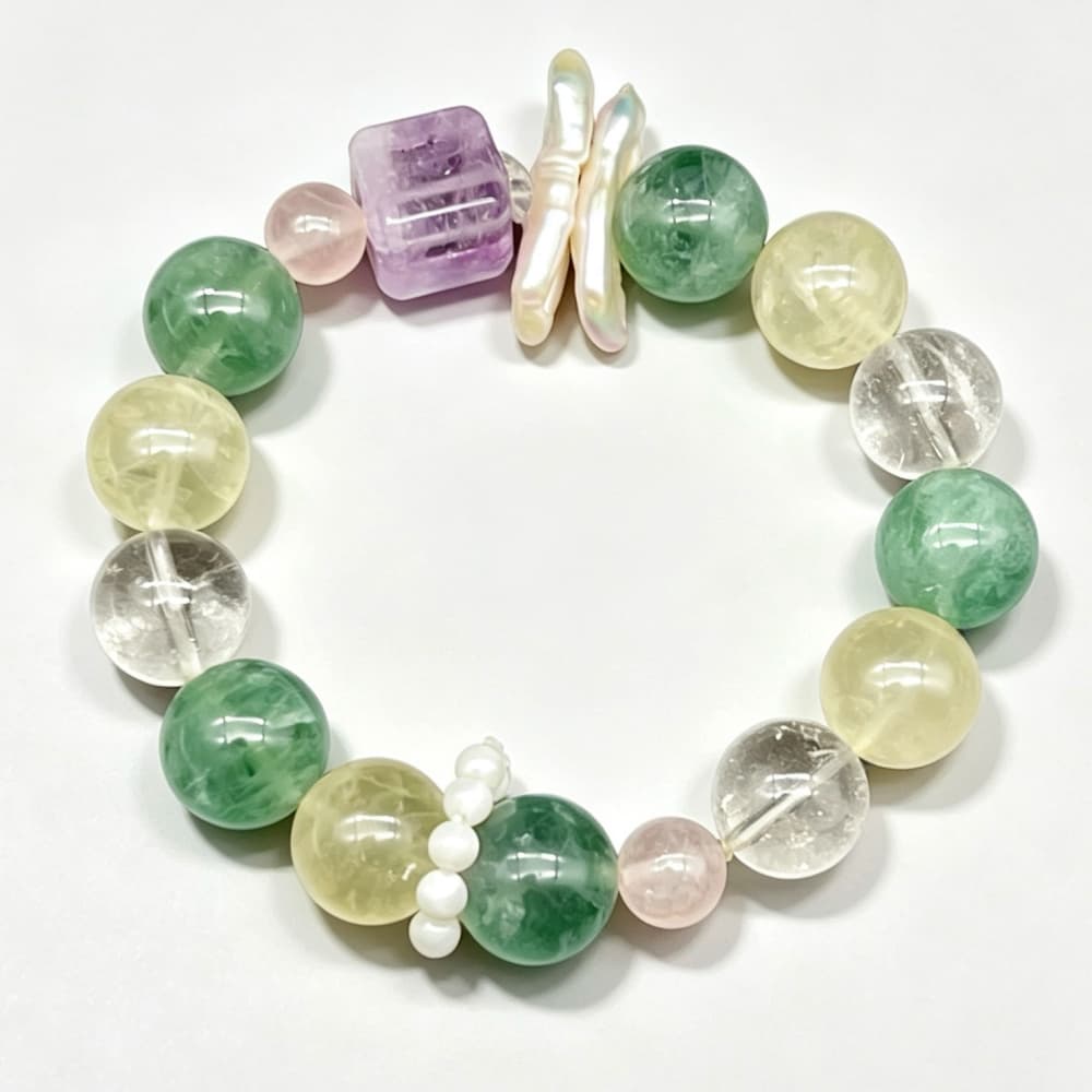 Verdant Bloom｜Natural Green Fluorite, Lemon Quartz & Pearl Bracelet