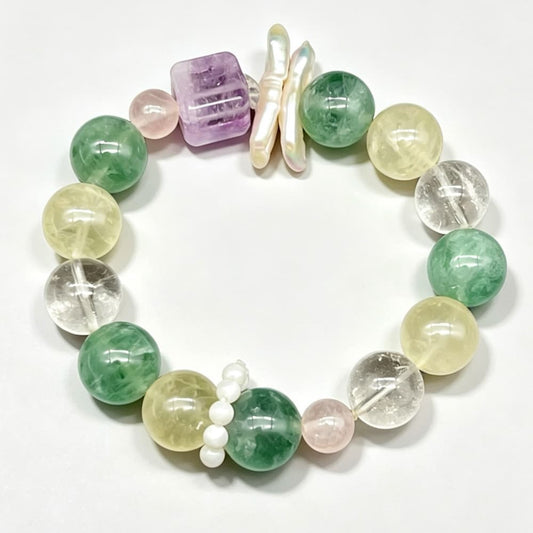 Verdant Bloom｜Natural Green Fluorite, Lemon Quartz & Pearl Bracelet