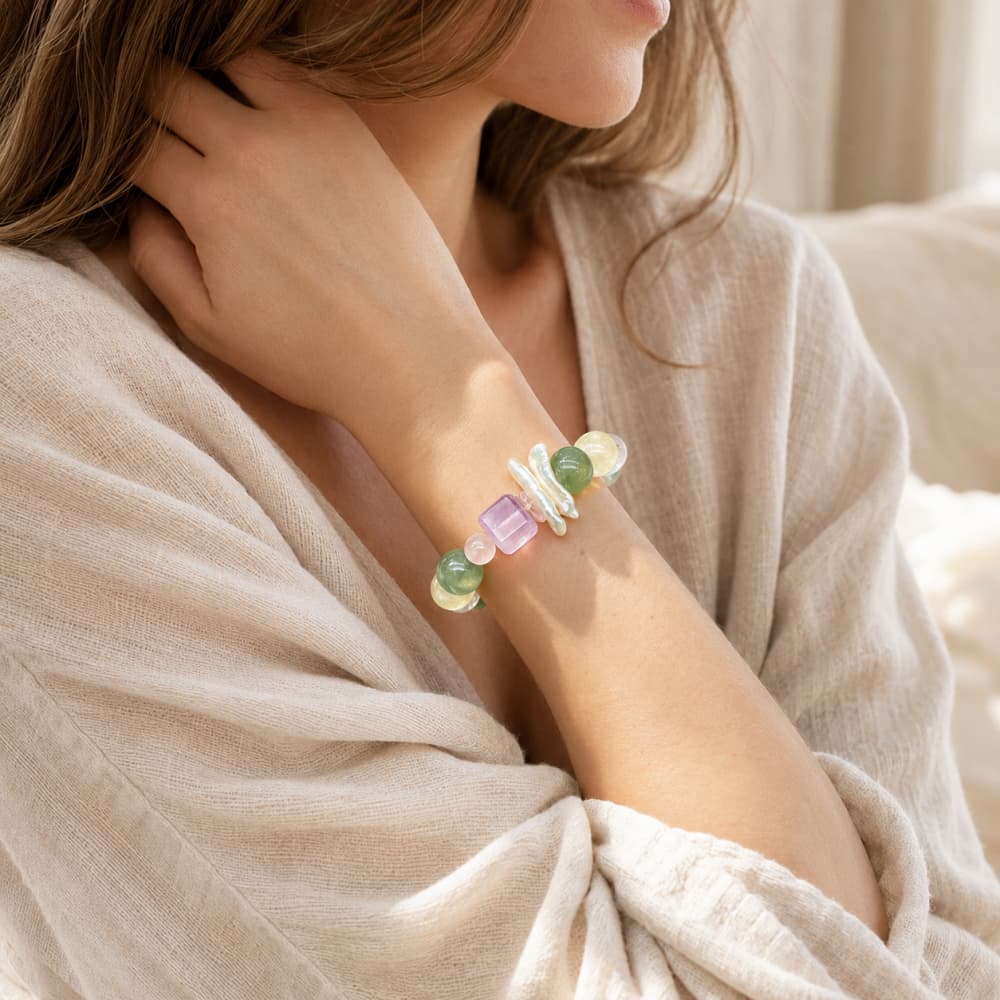 Verdant Bloom｜Natural Green Fluorite, Lemon Quartz & Pearl Bracelet