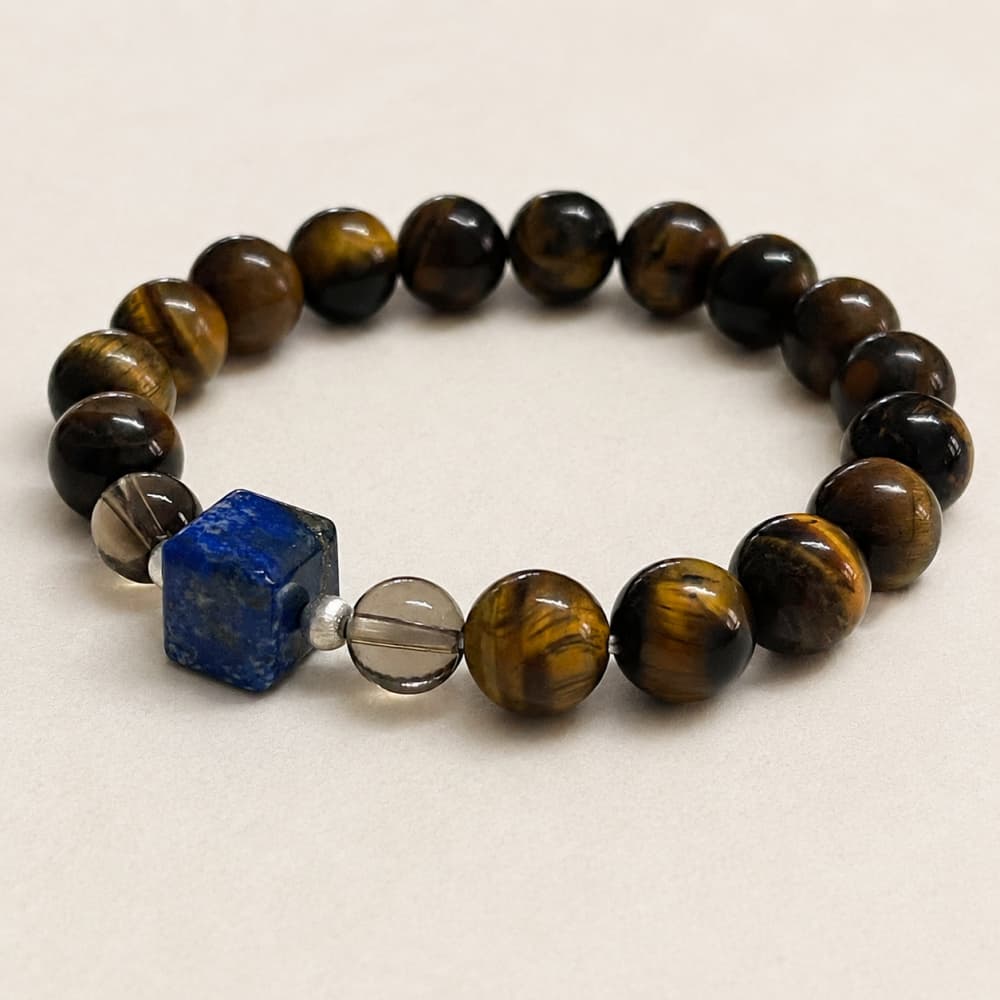 Quiet Resolve｜Natural Yellow Tiger’s Eye, Lapis Lazuli & Smoky Quartz Bracelet